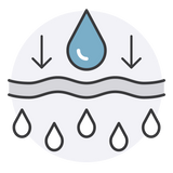 Icon of water droplets and a water droplet graphic with arrows and wavy line on a white background