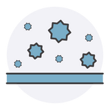 Icon of blue gritty beads bounding off a skin layer on a white background