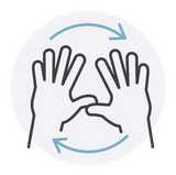 Illustration of two hands with blue arrows around them on a white background