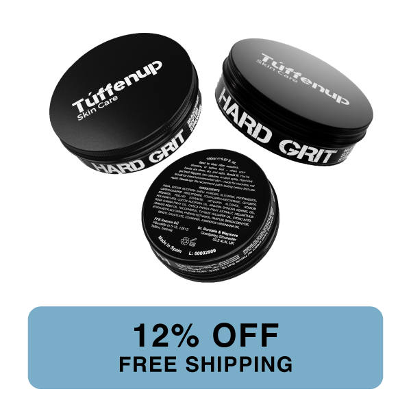 Three containers of Tuffenup Hard Grit with a promotional banner at the bottom.