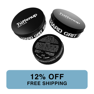 Three containers of Tuffenup Hard Grit with a promotional banner at the bottom.